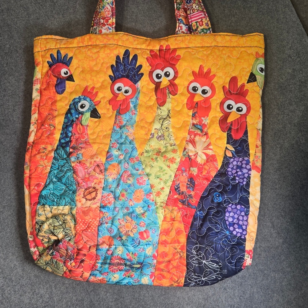 Quilted Tote Bag Purse Colorful Chicken Rooster Floral Orange Cottagecore - Picture 6 of 7